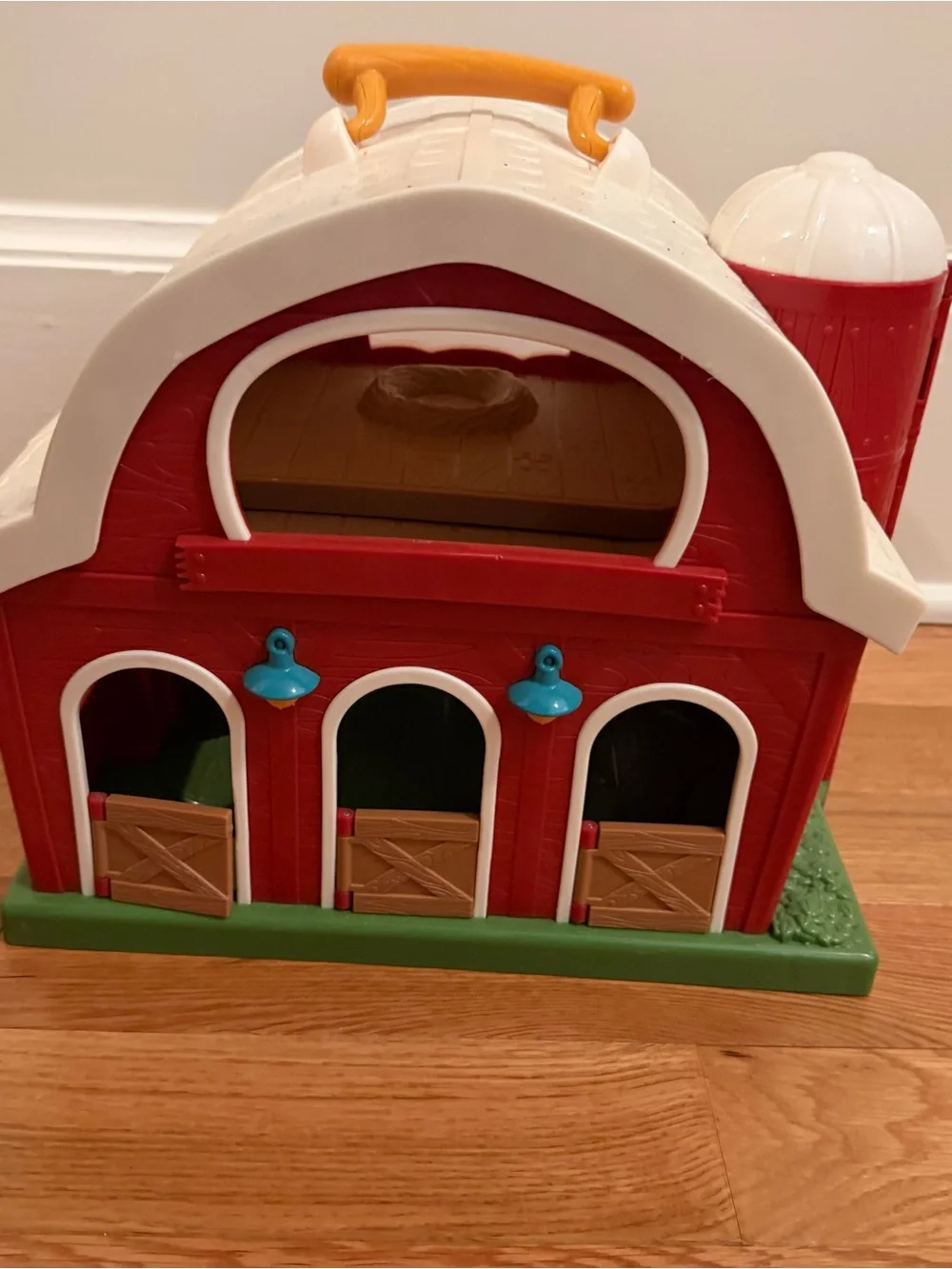 Kids Red Barn Playset with White Roof and Green Base